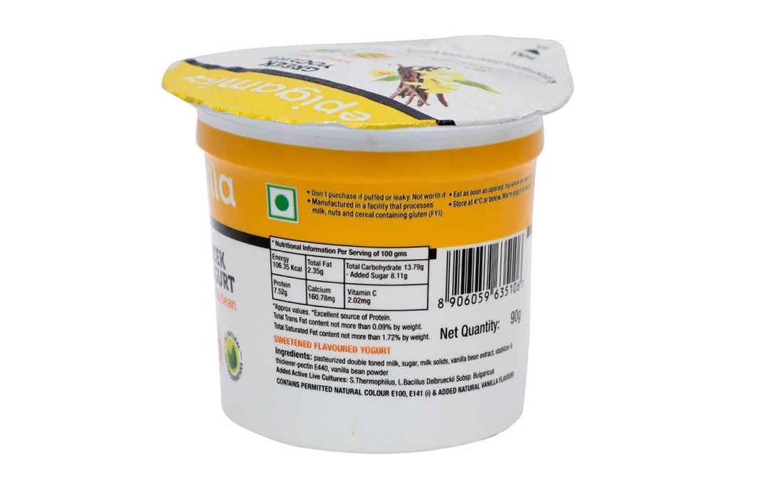 Epigamia Greek Yogurt Vanilla Bean   Cup  90 grams